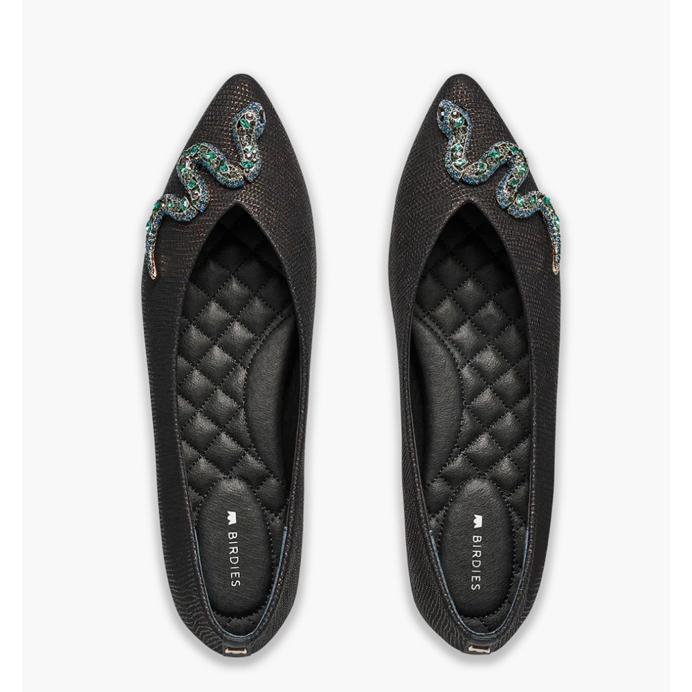 Birdies Goldfinch Flats in Black Leather Embossed Snake Size 7